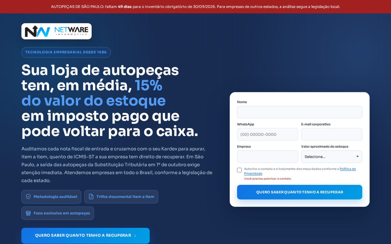 Print do site NW Sistems. nwsystems.com.br
